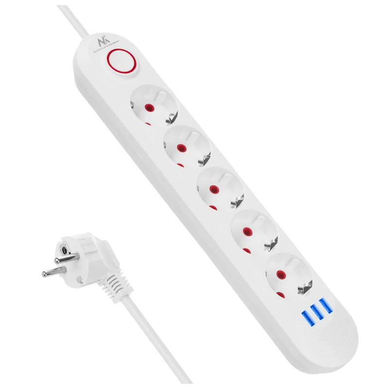 Ciabatta elettrica Maclean, cavo di prolunga a 5 prese + 3xUSB, 110-240V AC 50/60Hz, 2,1A max 2500W, 1,5m, bianco, MCE395 W