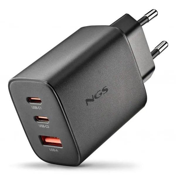 NGS ERA 65W: CARICATORE GaN DA PARETE UNIVERSALE DA 65W CON 3 porte: 2x USB-C + USB-A [ERA65WBLACK]