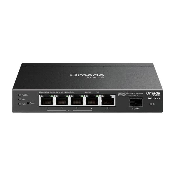 TP-Link - SG2206MP -"Omada Access 6-Port Gigabit Switch with 4-Port PoE+ PORT: 4 Gigabit PoE Ports, 1 Gigabit Non-PoE Port, 1 Gigabit SFP Slot SPEC: 802.3at/af, 63 W PoE Power, Desktop Steel Case [SG2206MP]