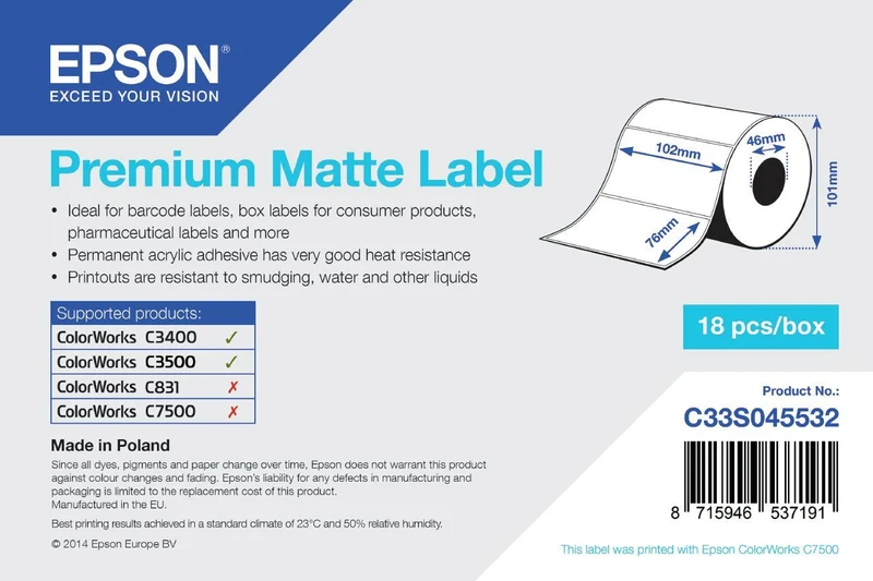 Epson Premium Matte Label - Die-cut Roll: 102mm x 76mm, 440 labels [C33S045532]