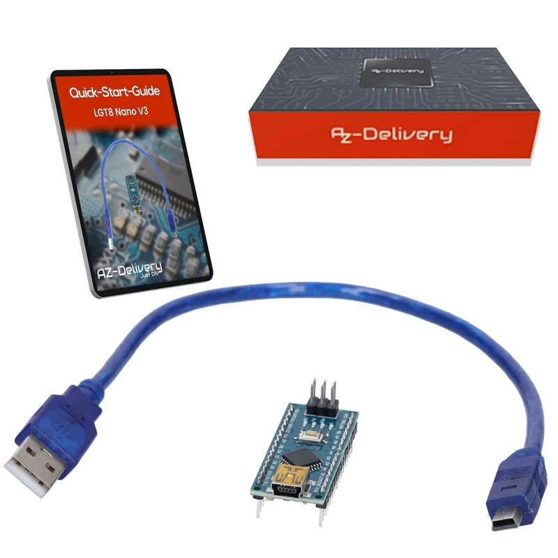 LGT8 Nano V3 - Mikrocontroller Board mit LGT8F328P und CH340, kompatibel mit Arduino Nano, 32 MHz Taktfrequenz, mit vorgelöteten Pins & USB-Kabel