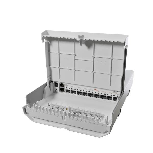 MikroTik - netFiber 9 with 800MHz ARM v7 CPU, 256MB RAM, 4 x 10G SFP+ ports, 5 x 1G SFP ports, 1 x Gigabit Ethernet port (PoE-In), RouterOS L5 license, outdoor enclosure, mounting kit, PSU, PoE inject [CRS310-1G-5S-4S+OUT]