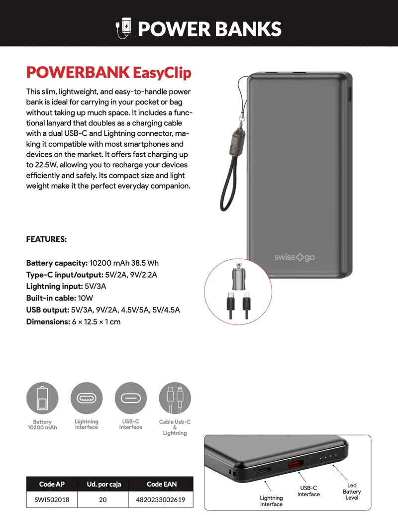 SWISS+GO POWER BANK EASY CLIP 10200 MAH FAST CHARGE USB-C LIGTNING