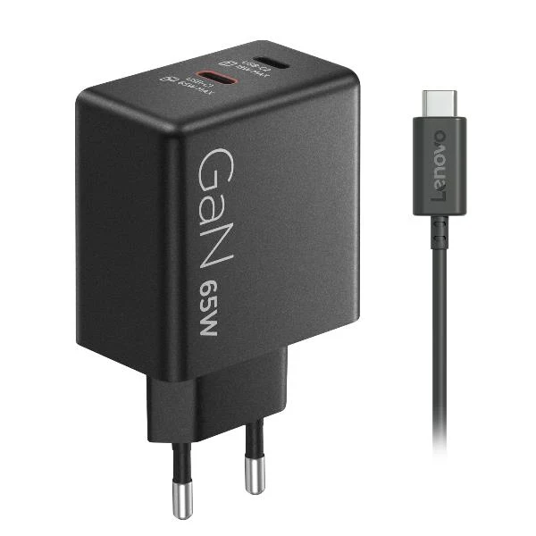Lenovo Dual USB-C 65W GaN Charger, alimentatore compatto da muro con doppia Type-C, cavo USB-C 1,5 m incluso - ideale per laptop, cellulare e tablet: un solo caricabatterie per più dispositivi