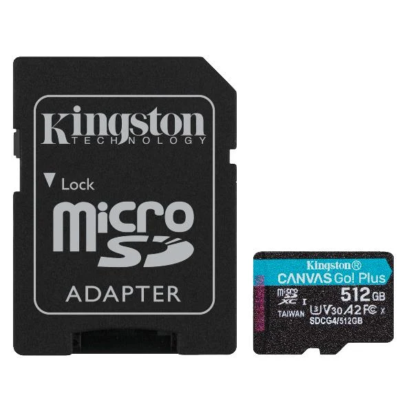 Kingston Technology Scheda microSDXC Canvas Go Plus Gen4 200MB/s A2 U3 V30 da 512 GB + adattatore