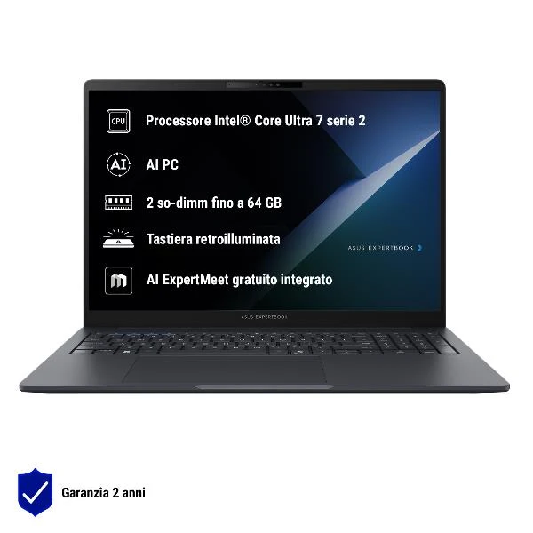 ASUS ExpertBook B3 B3605CCA-MB0062X Intel Core Ultra 5 225H Computer portatile 40,6 cm (16") WUXGA 16 GB DDR5-SDRAM 512 GB SSD Wi-Fi 6E (802.11ax) Windows 11 Pro Nero, Grigio