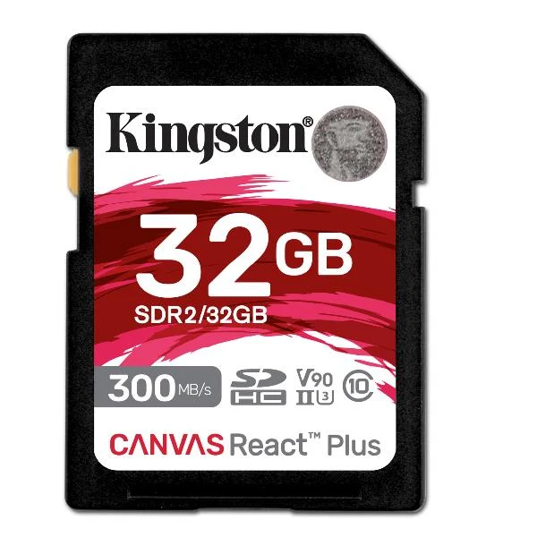Kingston Technology 32GB Canvas React Plus SDHC UHS-II 300R/260W U3 V90 for Full HD/4K/8K