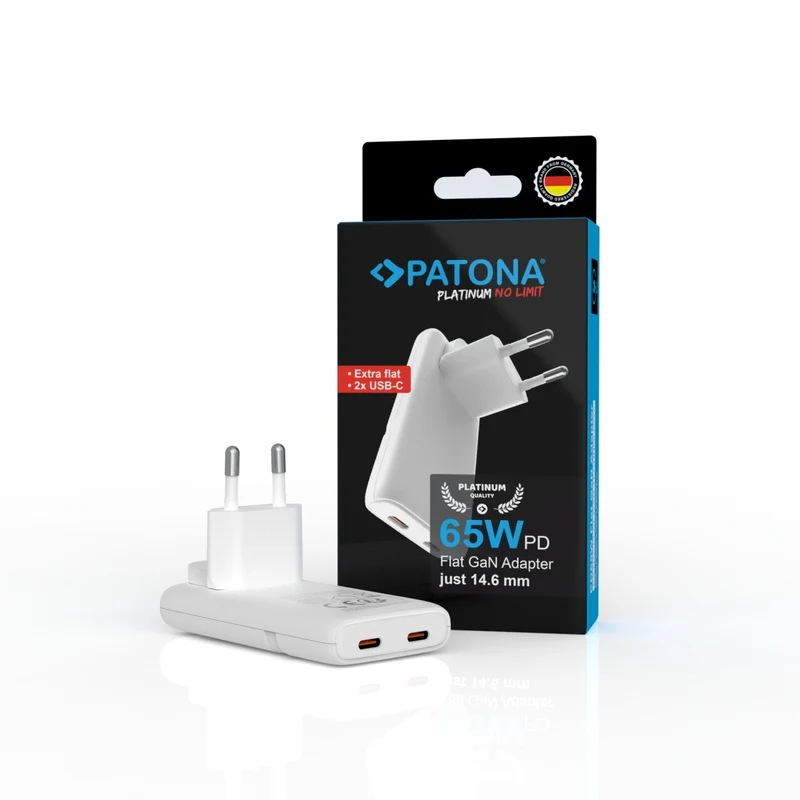 PATONA PLATINUM GAN PD65W FLAT ADAPTER WHITE 2X USB-C PD3.0 QC3.0