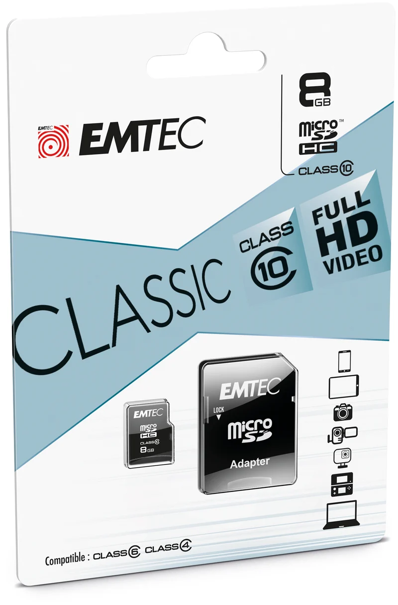 EMTEC MICRO SDHC 8GB CL.10 CLASSIC 20MB/12MB CON ADATTATORE