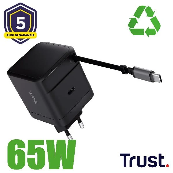 Trust Maxo Caricabatteria retrattile USB-C PD da 65 W