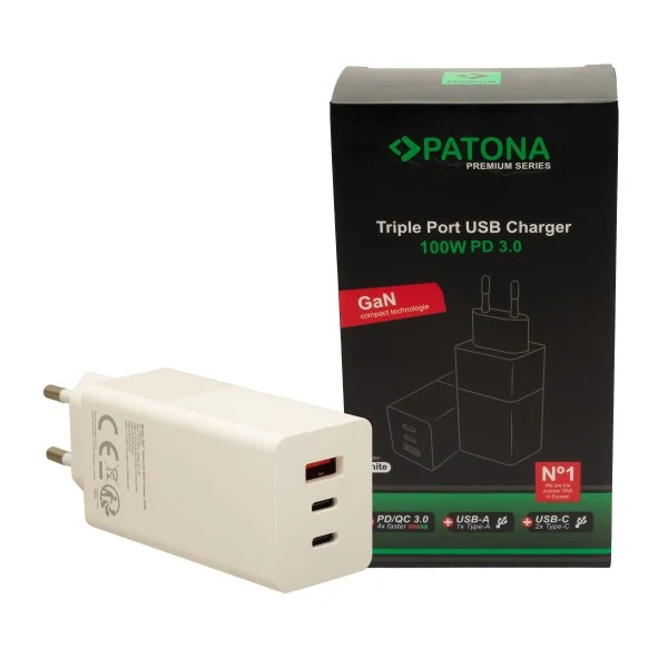PATONA PREMIUM GAN PD100W ADAPTER WHITE 2XUSB-C 1XUSB-A PD3.0 QC3.0