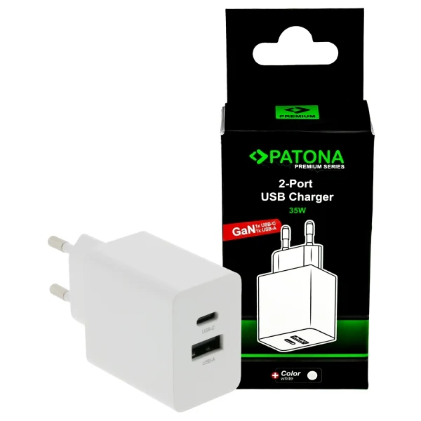 PATONA PREMIUM PD36W ADAPTER 5V/3A 9V/2A 12V/1.5A 1XUSB-C 1XUSB-A PD3.0 QC3.0 BIANCO