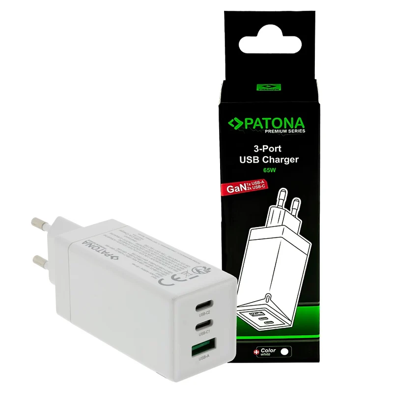 PATONA ALIMENTATORE ADATTATORE PREMIUM GAN PD65W 2XUSB-C 1XUSB-A PD3.0 QC3.0 WHITE