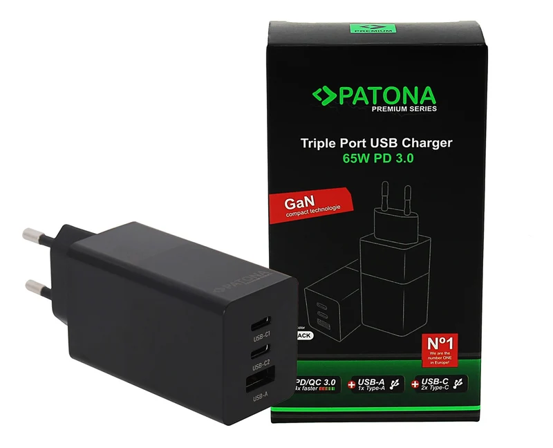 PATONA ALIMENTATORE ADATTATORE PREMIUM GAN PD65W 2XUSB-C 1XUSB-A PD3.0 QC3.0 BLACK