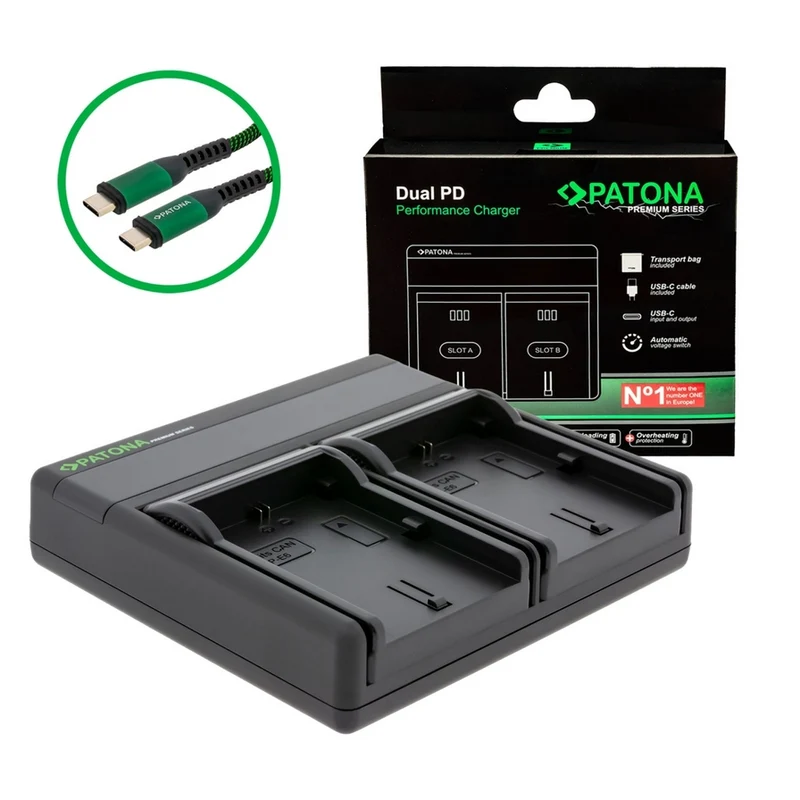 CARICABATTERIA PREMIUM DUAL PD PERFORMANCE PER CANON LP-E6 CON INGRESSO / USCITA USB-C