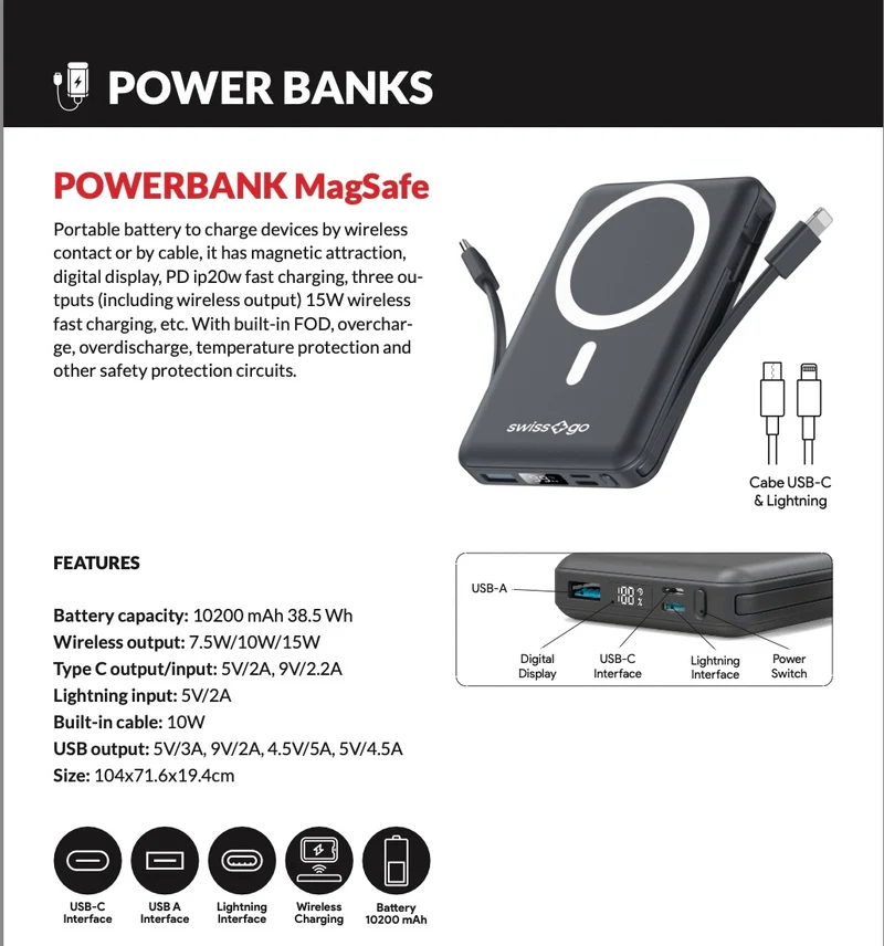 SWISS+GO POWER BANK MAGSAFE 10200MAH FAST CHARGE USB-C WIRELESS LIGTNING