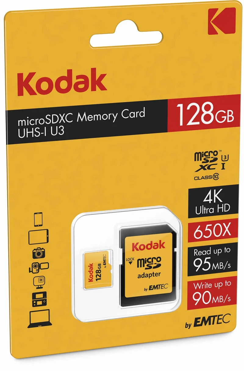 KODAK MICRO SDXC 128GB 100MB/100MB CL.10 U3 V30 4K CON ADATTATORE