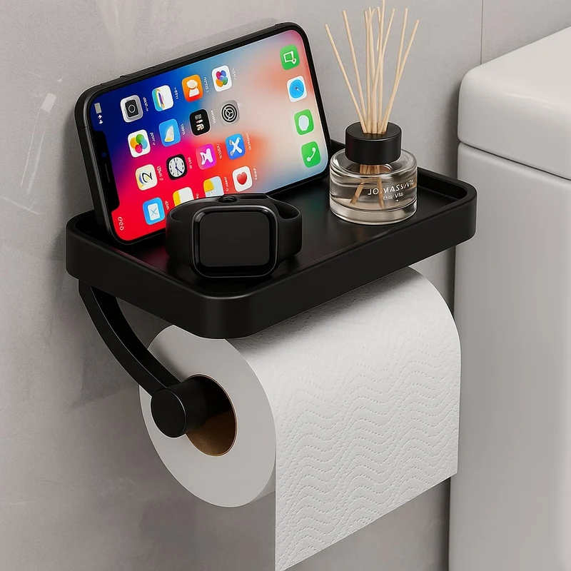 Toilettenpapierhalter | Ablage für Handy & Zubehör | Platzsparend | ShelfRoll