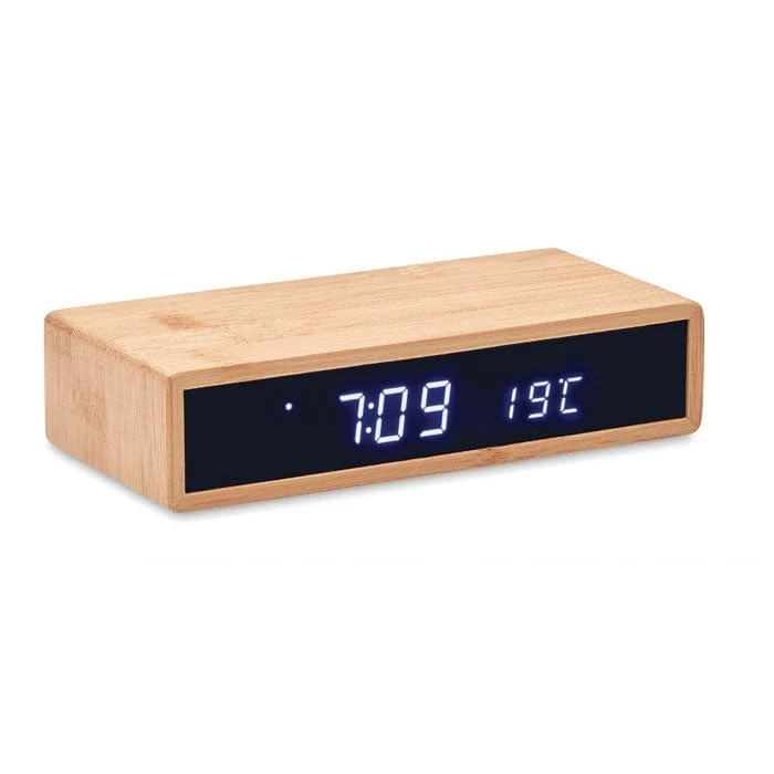 Caricatore wireless in bamboo con sveglia