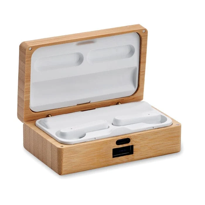 Auricolari TWS in custodia di bamboo