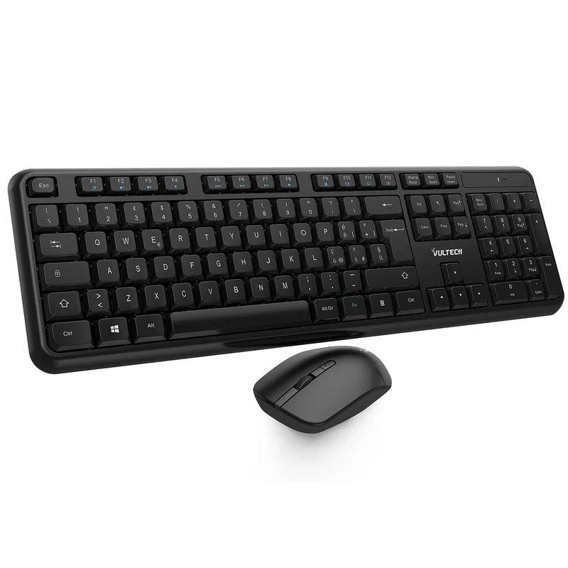 VulTech KM-811W Kit Tastiera e Mouse Wireless con Clic Silenziosi, Layout Italiano QWERTY Compatta, Tastierino Numerico, 12 Tasti Multimediali, Protezione Liquidi,PC/Mac/Linux - Nero