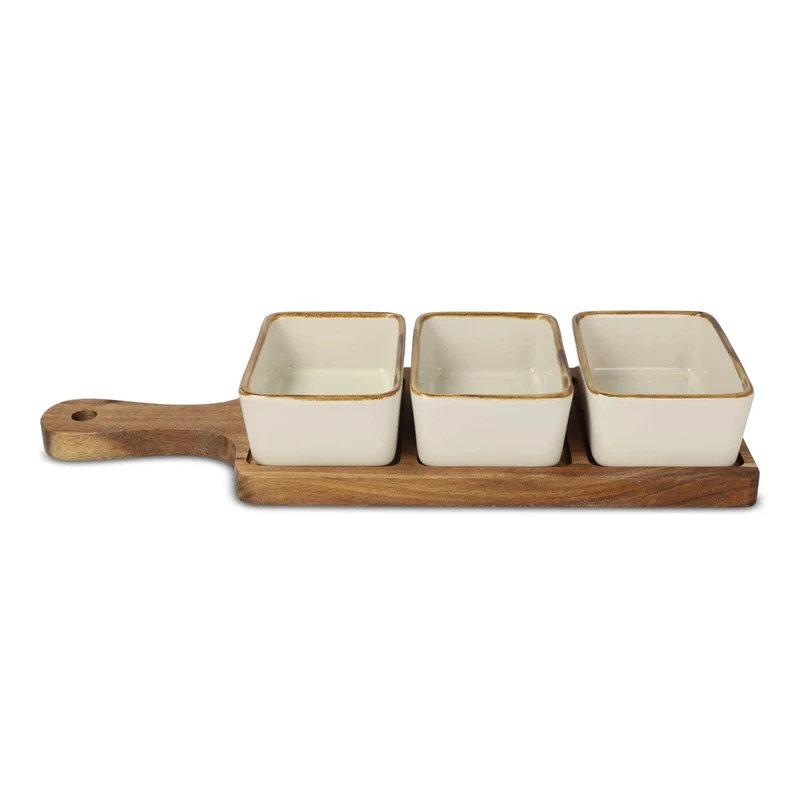 Taliere da portata in legno con 3 ciotole in ceramica