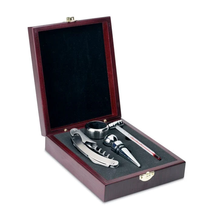 Set vino 4 pezzi scatola in legno