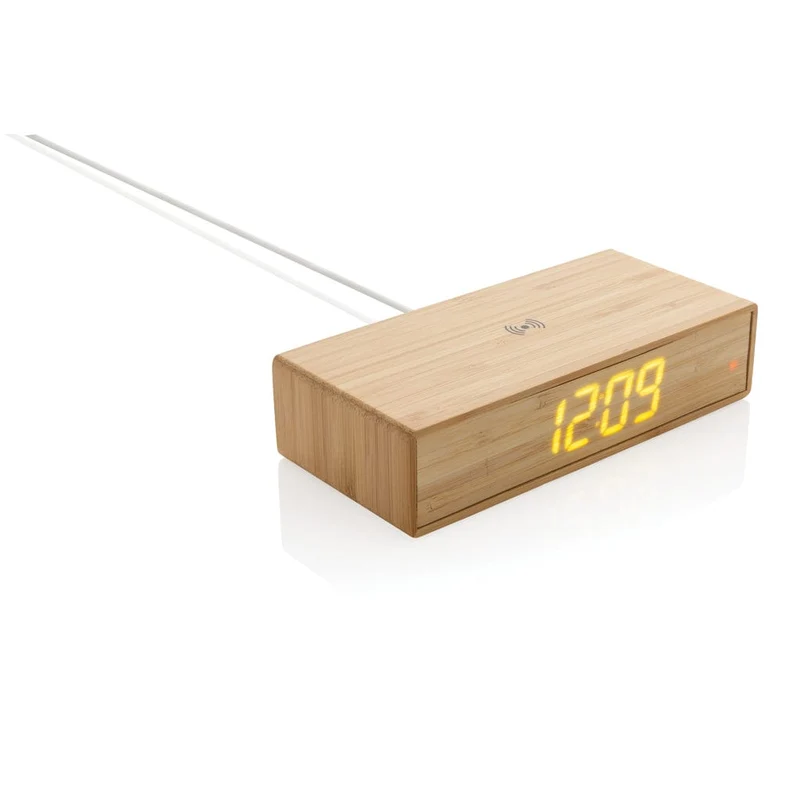 Orologio sveglia in bambù con caricatore wireless 5 W
