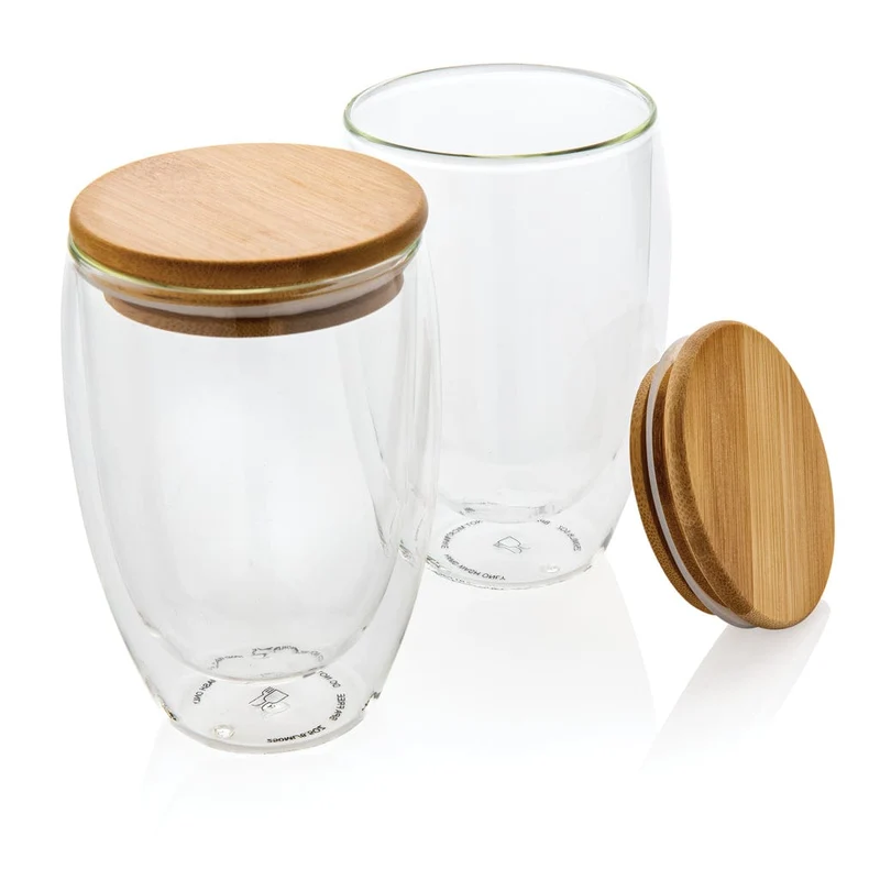 Set 2 bicchieri in vetro borosilicato con tappo in bambù 350 ml