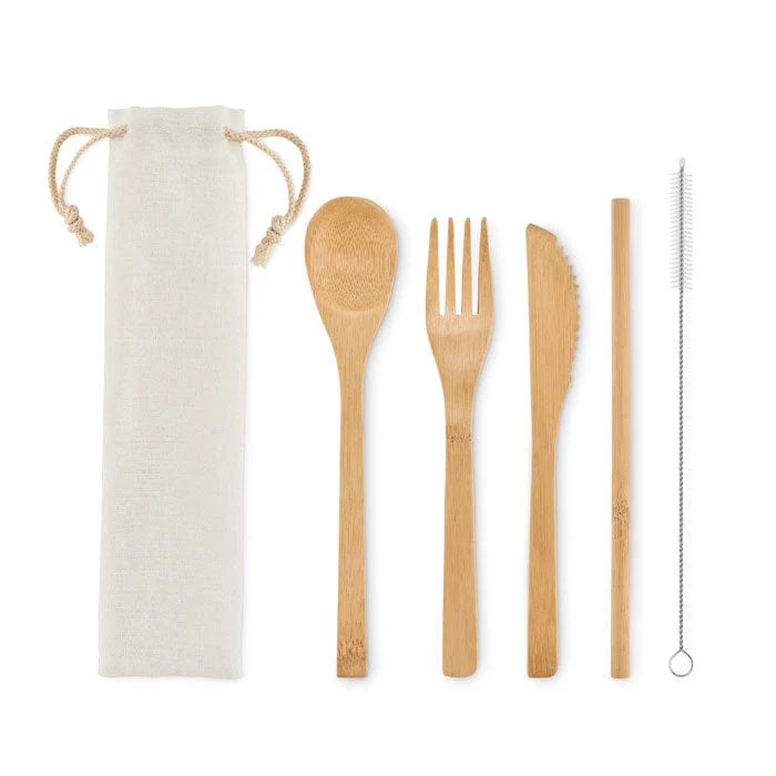 Set posate in bamboo con cannuccia