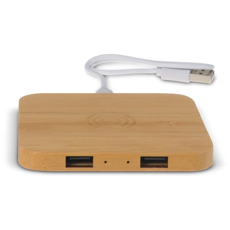 Caricabatterie wireless bambù con 2 HUB USB 5W